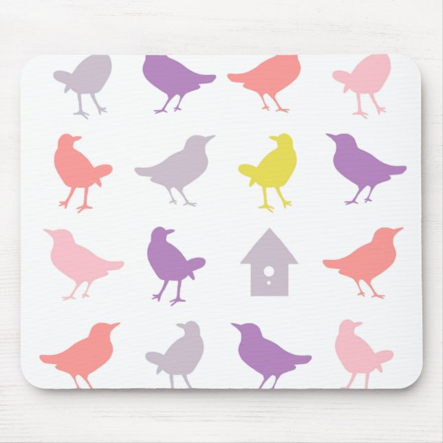 Tapis De Souris Oiseaux pastel rose et violet avec Birdhouse (Devant)