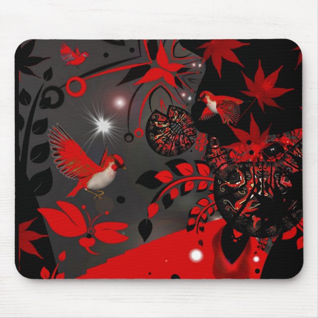 Tapis de souris Oiseaux Rouges Asiatiques (Devant)