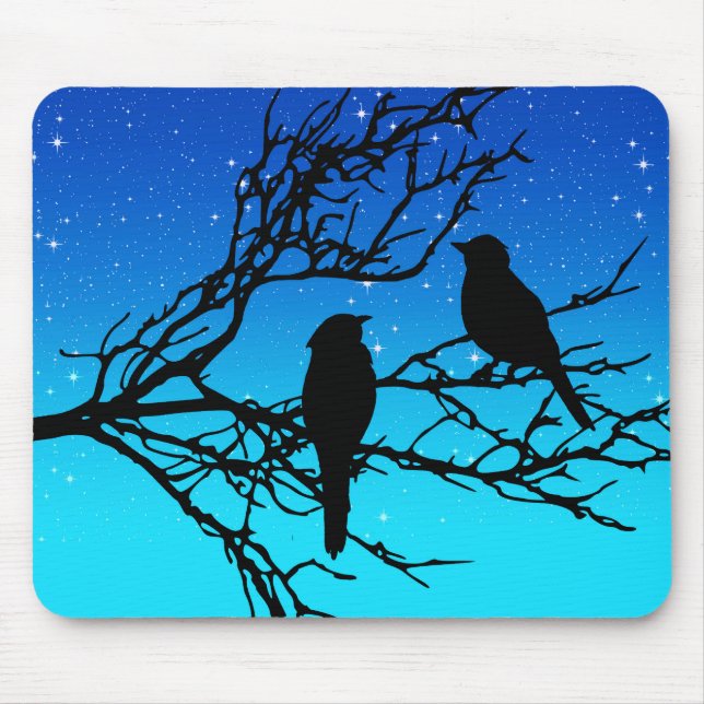 Tapis De Souris Oiseaux sur une branche, Noir contre Bleu du soir (Devant)