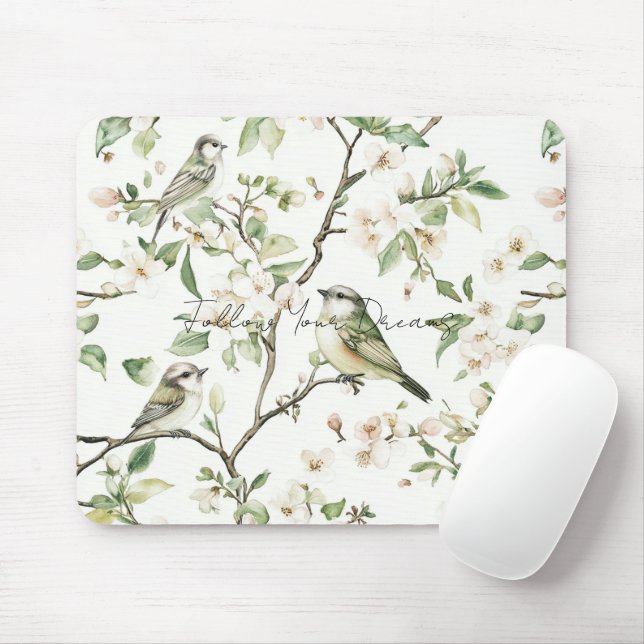 Tapis De Souris Oiseaux verts fleurs blanches arbre (Avec souris)