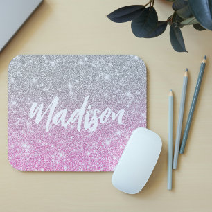 Tapis De Souris Ombre Pink Silver Glitter Calligraphy Name