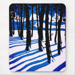 Tapis De Souris Ombres de Forêt d'Hiver – Nature Minimale Bleue