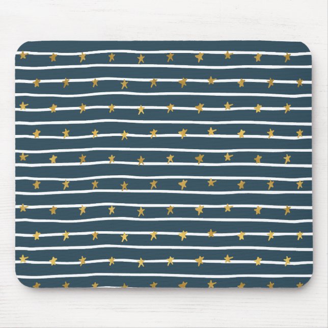 Tapis De Souris Or Blanc Bleu Étoiles et Rayures (Devant)