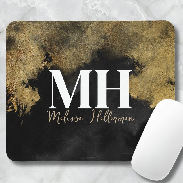 Tapis De Souris Or Noir Nom de Script Monogramme (Black Gold Script Name Monogram Mouse Pad)