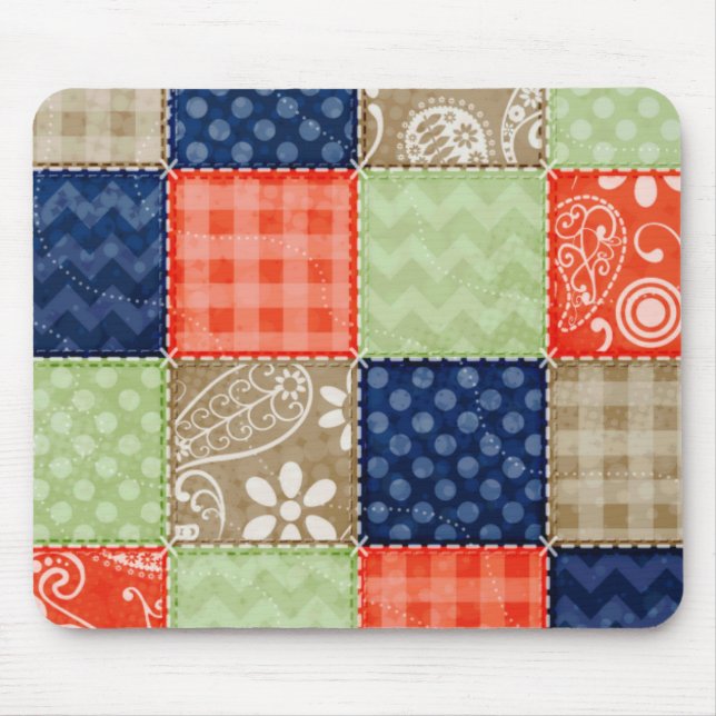 Tapis De Souris Orange, Bleu, Brown et Sage Vert Patchwork (Devant)