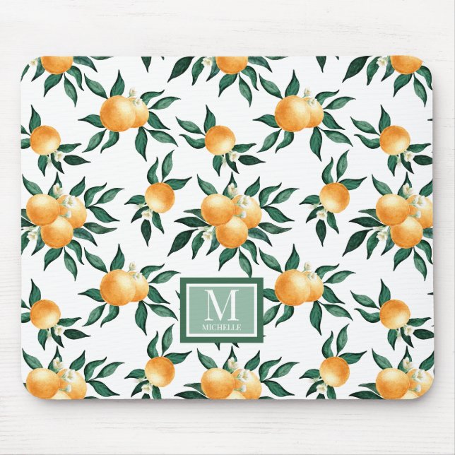 Tapis De Souris Orange Citron Aquarelle Monogramme Nom  (Devant)