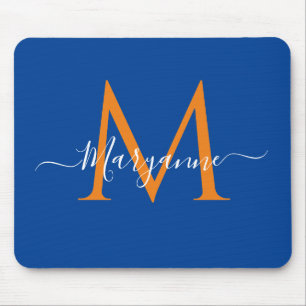 Tapis De Souris Orange et bleu Personnalisé Monogramme Bleu