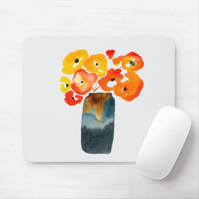 Tapis De Souris Orange fleurs de pavot aquarelle (Avec souris)