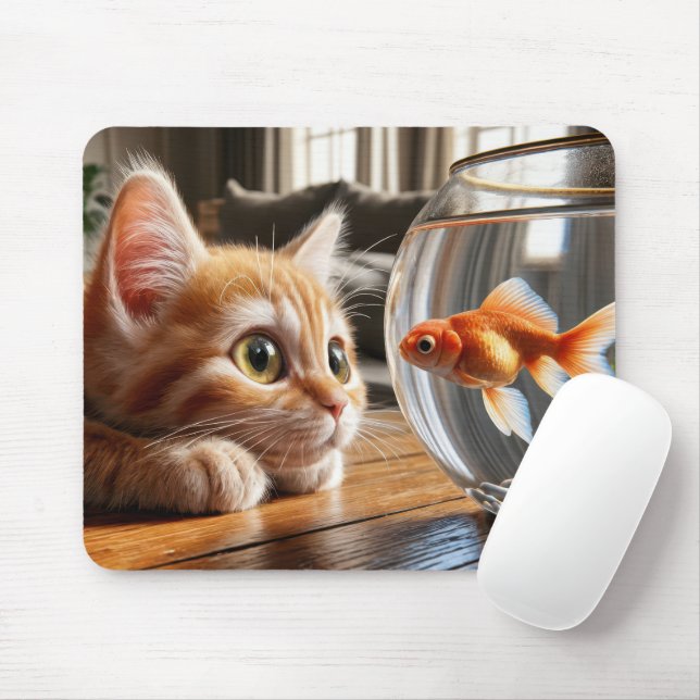 Tapis De Souris Orange Kitten regarde un poisson rouge (Avec souris)