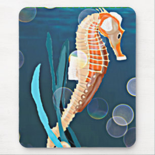 Tapis De Souris Orange Seahorse contre la mer avec des bulles