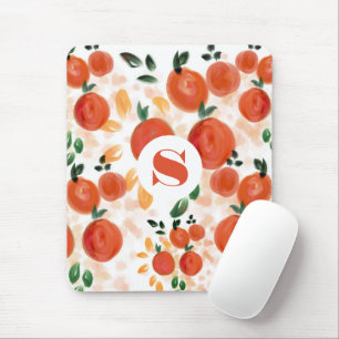 Tapis De Souris Orange tropical et Motif Feuille Monogrammé
