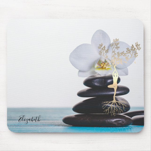 Tapis De Souris Orchidée blanche, Pierres Zen, Silhouette d'arbre  (Devant)