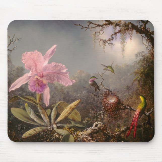 Tapis De Souris Orchidée de Cattleya et trois colibris (Devant)