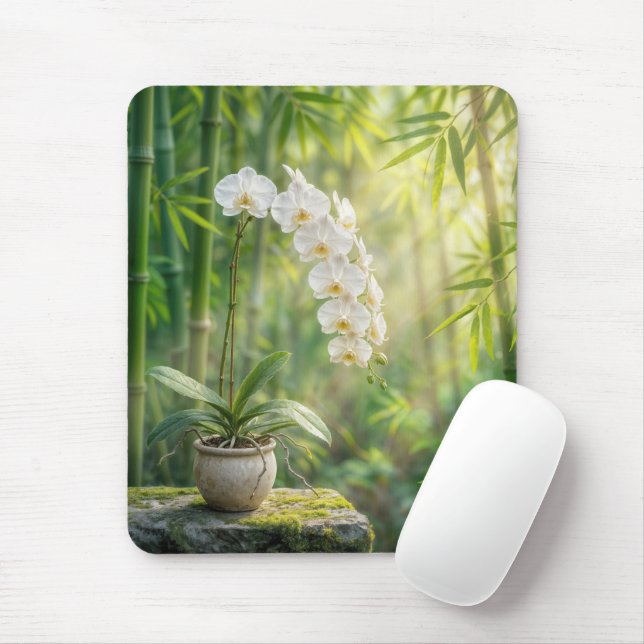 Tapis De Souris Orchidées blanches et bambou (Avec souris)