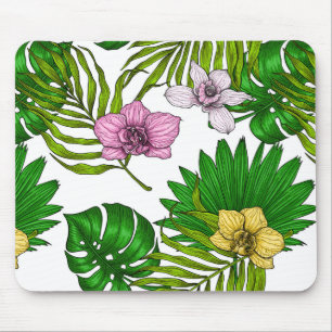 Tapis De Souris Orchidées et feuilles de palmiers, rose, jaune, ve