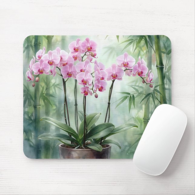 Tapis De Souris Orchidées roses éthérées et bambou (Avec souris)