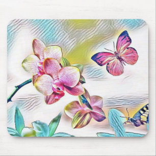 Tapis De Souris Orchidées roses fleurs et papillons