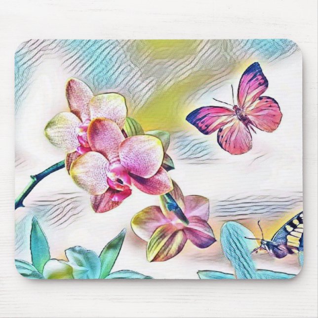 Tapis De Souris Orchidées roses fleurs et papillons (Devant)