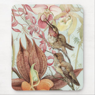 Tapis De Souris Orchidées tropicales vintage, Fleurs et Colibris