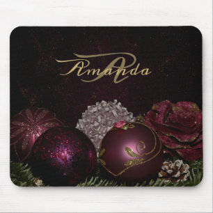Tapis De Souris Ornement Rose Monogramme de Noël Vert Noir
