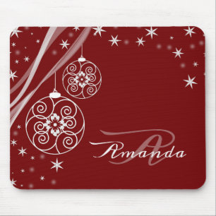Tapis De Souris Ornements blancs de monogramme de Noël Rouge Éléga