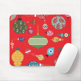 Tapis De Souris Ornements de Noël vintage tendance Fond rouge