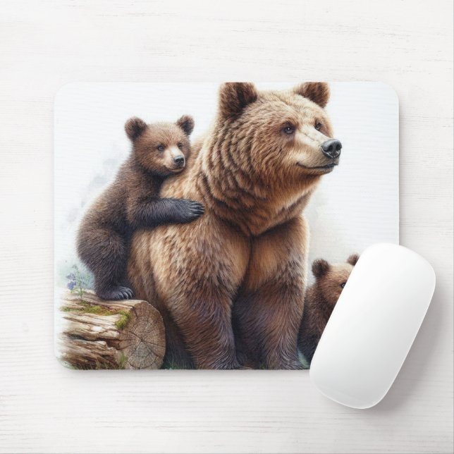 Tapis De Souris Ours Brun avec Deux Oursons Faune Rustique (Avec souris)