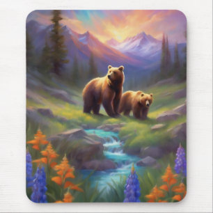 Tapis De Souris Ours de ruisseau de montagne Fleurs sauvages Peint