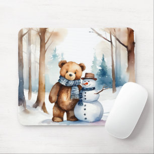 Tapis De Souris Ours En Conduite D'Hiver Et Snowman