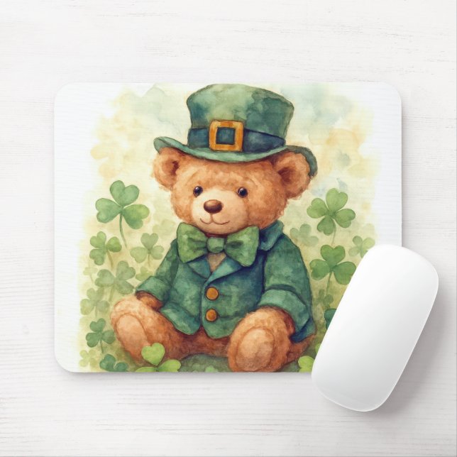Tapis De Souris Ours en peluche de la Saint-Patrick à l'aquarelle (Avec souris)