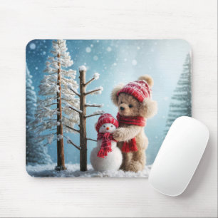Tapis De Souris Ours en peluche d'hiver et Snowman