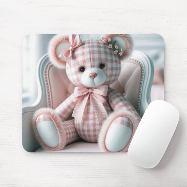 Tapis De Souris Ours en peluche Gingham sur une chaise (Avec souris)