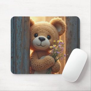 Tapis De Souris Ours en peluche marron tenant un bouquet de fleurs