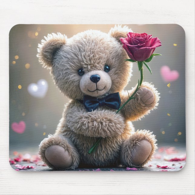 Tapis De Souris Ours En Teddy Avec Rose Rouge (Devant)