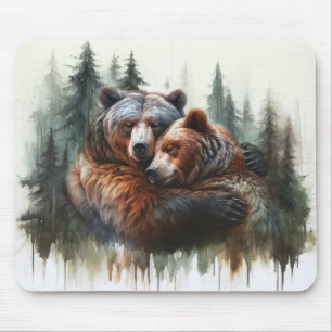 Tapis De Souris Ours et arbres à l'aquarelle Rustique sauvage