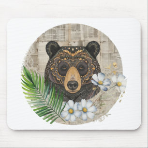 Tapis De Souris Ours Floral Boho sur Papier Vintage