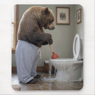 Tapis De Souris Ours Grizzli Plongeant dans des Toilettes qui Débo