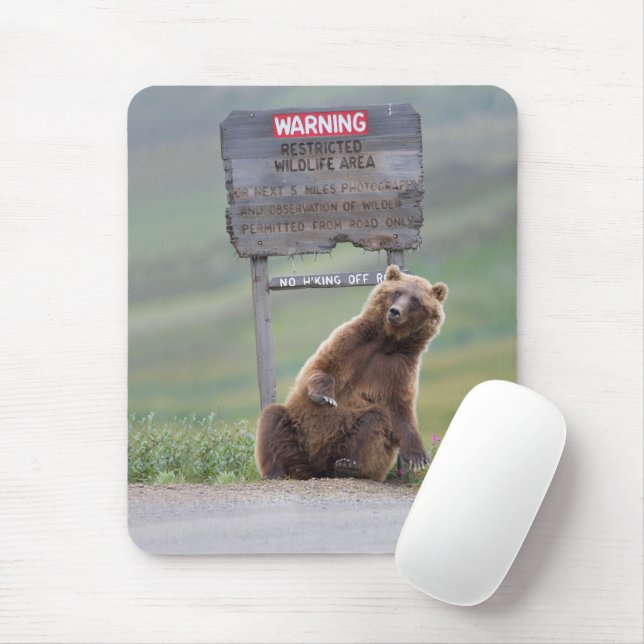 Tapis De Souris Ours Grizzly Joue Avec Un Panneau (Avec souris)