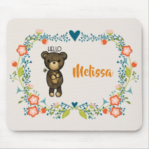 Tapis De Souris Ours mignon, Fleur Jaune et Fleur Florale