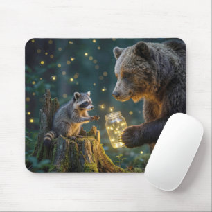 Tapis De Souris Ours offrant à un raton laveur un pot de lucioles