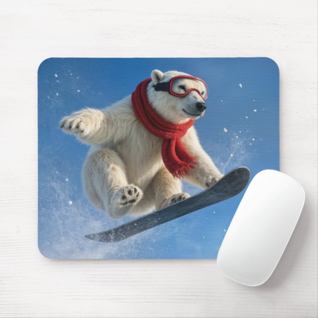 Tapis De Souris Ours polaire en plein vol sur un snowboard (Avec souris)