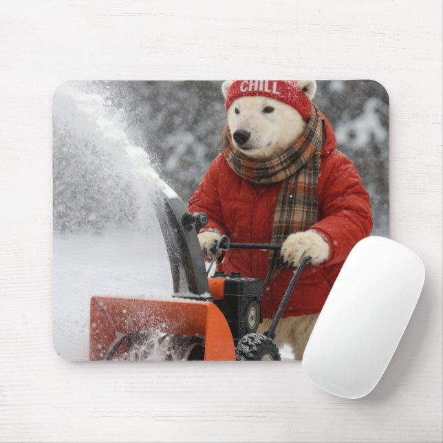 Tapis De Souris Ours polaire poussant une souffleuse à neige (Avec souris)