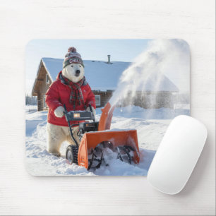 Tapis De Souris Ours polaire poussant une souffleuse à neige