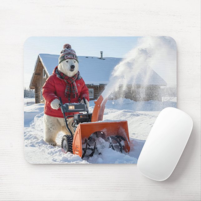 Tapis De Souris Ours polaire poussant une souffleuse à neige (Avec souris)