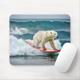 Tapis De Souris Ours Polaire Surfant Sur Un Surf