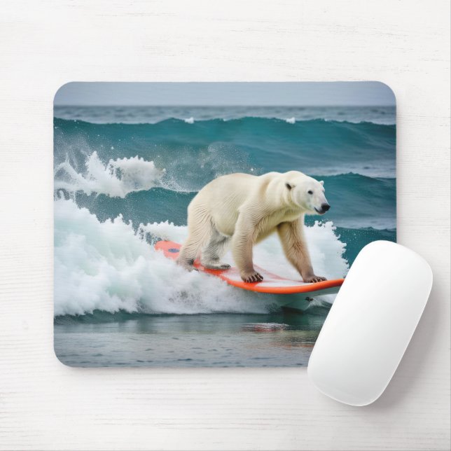 Tapis De Souris Ours Polaire Surfant Sur Un Surf (Avec souris)