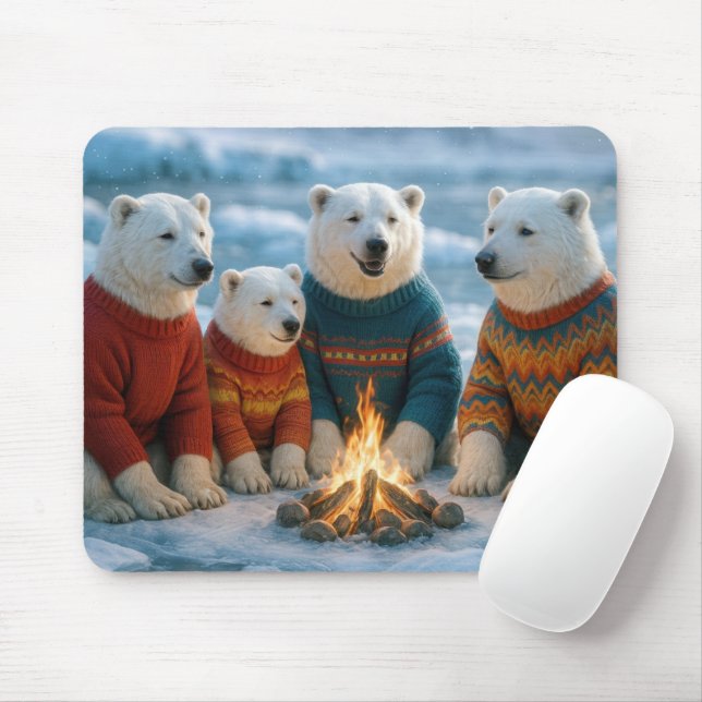 Tapis De Souris Ours polaires rassemblés autour d'un feu de camp (Avec souris)