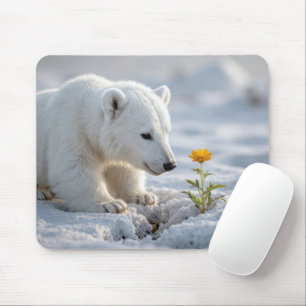 Tapis De Souris Ourson polaire admirant une marguerite