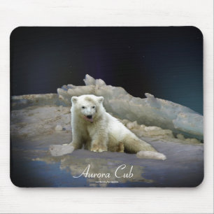 Tapis de souris Ourson polaire sur glace et aurore