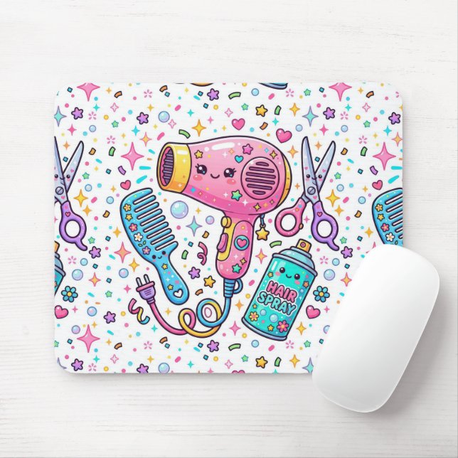 Tapis De Souris Outils de coiffeur dans le style d'art Kawaii (Avec souris)